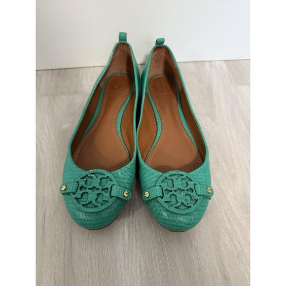 TORY BURCH Size 6.5 M Mini Miller Pond Green Logo Ballet Flat Leather Shoes - Picture 2 of 13